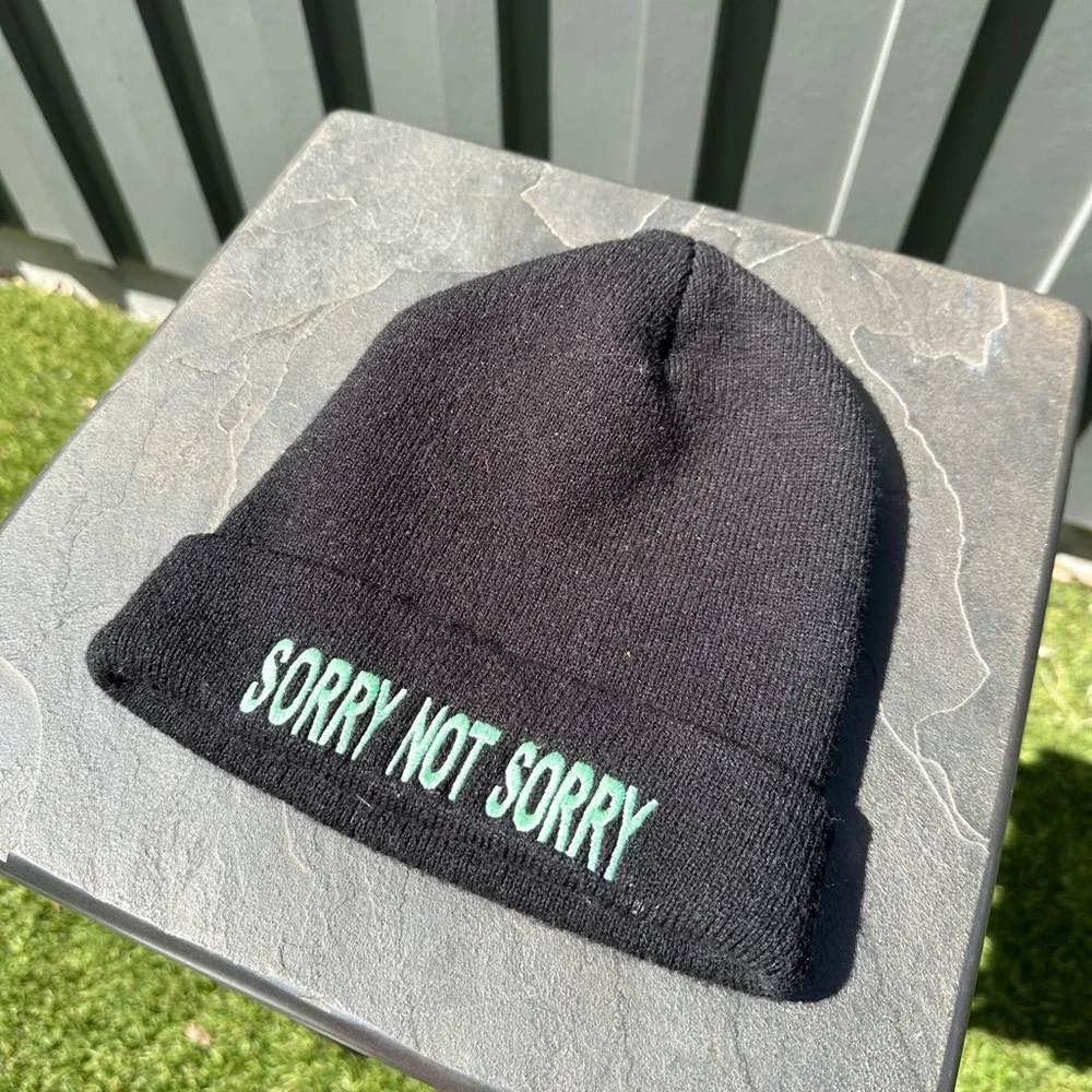 “Sorry Not Sorry” Green Embroidered Black Beanie